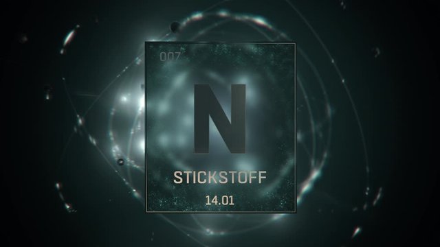 Nitrogen as Element 7 of the Periodic Table. Seamlessly looping 3D animation on green illuminated atom design background orbiting electrons name, atomic weight element number in German language