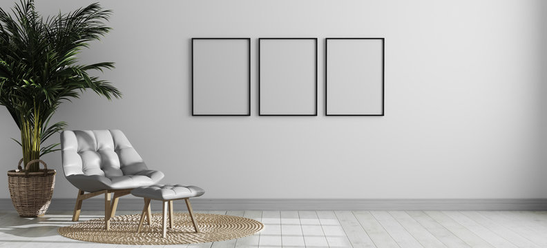 Three empty vertical picture frame mockup in bright modern room interior with gray armchair and palm tree, empty room interior background,  scandinavian style interior room mock up, 3d rendering