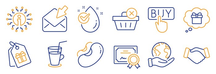Set of Business icons, such as Gift dream, Open mail. Certificate, save planet. Beans, Handshake, Coupons. Cocktail, Delete purchase, Water drop. Buying, Info line icons. Vector