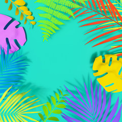 Exotic plants in bold rainbow colors. Tropical layout mockup. Background with painted leaves....