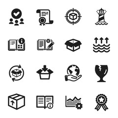 Set of Industrial icons, such as Technical info, Engineering documentation. Certificate, approved group, save planet. Parcel tracking, Package, Open box. Get box, Lighthouse, Return parcel. Vector