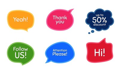 Follow us, 50% discount and attention please. Colorful chat bubbles. Thank you phrase. Sale shopping text. Chat messages with phrases. Texting thought bubbles. Vector