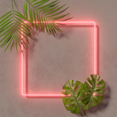 Creative fluorescent color layout made of tropical leaves. Flat lay neon colors. Nature concept. Wall texture summer background. 3D render. - 353252786