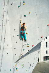 back view young woman rock climber in bright blue pants climbing on vertical artificial rock wall. Climbing Gym Wall. extreme sports, strength, training concept