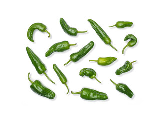 Set of fresh green peppers isolated on white background. Knolling concept.