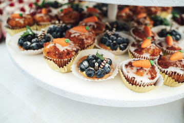 Delicious miniature cakes in buffet trays. Fruit decorated cupcakes. Various desserts at party. Celebration, party, birthday or wedding concept.