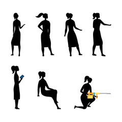 Creativity And Leadership Collection of Businesswoman Silhouettes In Different Poses. Set Of Scenes With Female Character. Office Worker Girl in Various Situations. Cartoon Flat Vector Illustration