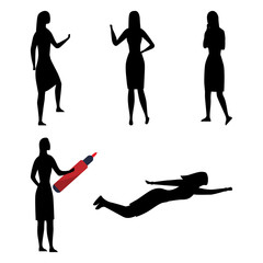 Creativity, Working, Big Idea And Leadership. Collection of Businesswoman Silhouettes In Different Poses. Set Of Scenes With Female Character in Various Situations. Cartoon Flat Vector Illustration