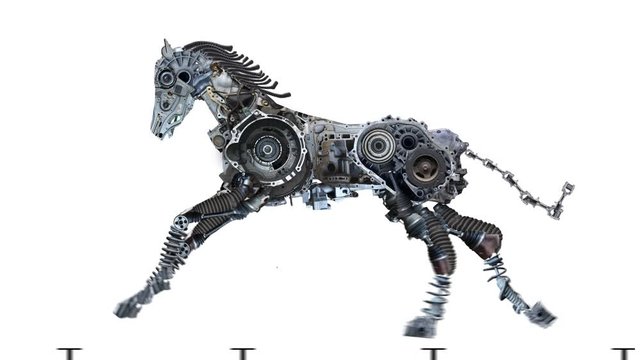 Metal horse is running on a clean background. The robot is made of auto parts and represents the horsepower of the car. Character in the style of steampunk post-apocalypse. Element for visual effects.