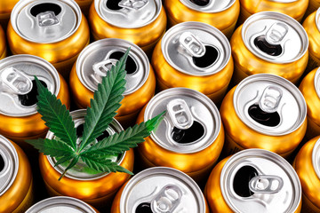 Golden beer cans.The sale of products and drinks with addition of hemp (cannabis) Beer cans with...