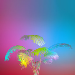 Fototapeta na wymiar Exotic plant in bold rainbow colors. Tropical layout mockup. Background with painted leaves. Minimal colorful palm concept art. 3D Render.