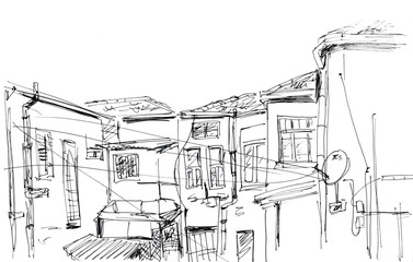 Graphic black and white linear drawing Tel Aviv, Israel. sketch