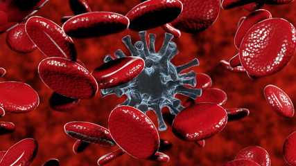 Virus surrounded by several blood cells