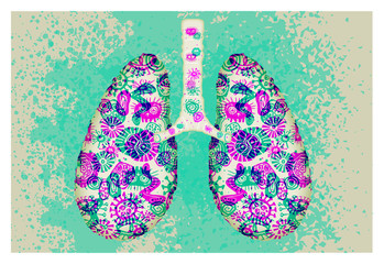 Lung illustration with COVID-19 virus and disease.