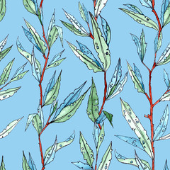 seamless pattern of branches with narrow long leaves on a light blue background. graphic drawing.