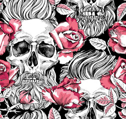 Seamless pattern with image of a pink Rose flowers and skull with a hipster hair and beard on a black background. Vector illustration.