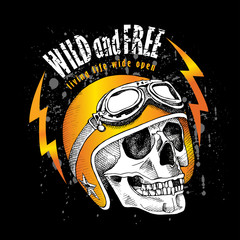 Skull in a motorcyclist helmet. Vector illustration.