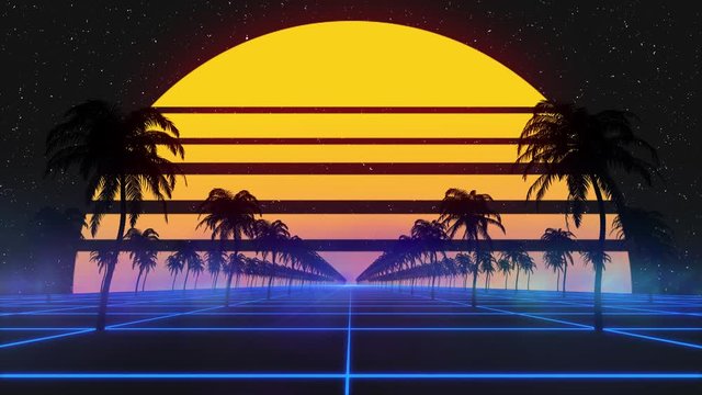 Stylized vintage 3D animation background with palm trees, sun and glowing stars. 80s retro futuristic sci-fi seamless loop.