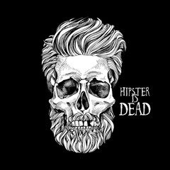 Skull with a hairstyle, beard, mustache. Vector black and white illustration.