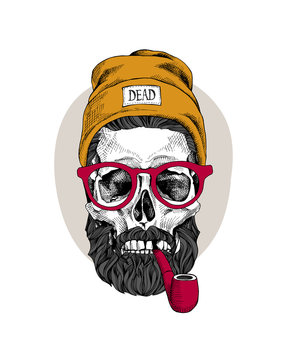 Skull with a hairstyle, beard, mustache in a yellow Hipster cap, red glasses and with a Tobacco pipe. Vector illustration.