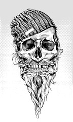 Skull with beard and mustache in a hipster knitted cap. Vector illustration.