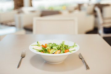 Grilled chicken breast fillet and fresh vegetable salad of lettuce, arugula, paprika, cucumber and tomato. Healthy lunch menu. Diet food. Fresh poultry salad.Leftover summer salad.Weight loss menu