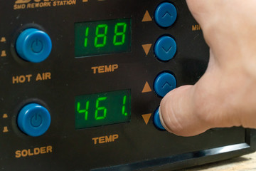 Soldering station with led display, heating control controller, hot air gun and soldering iron. A...