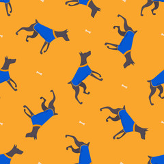 Seamless pattern with funny cartoon style icon of dobermann. Simple background with cute family dog.