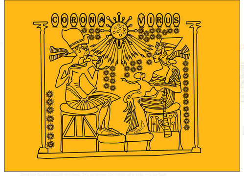 Illustration of ancient egyptian art Nefertiti and faraon Echnaton with the theme of coronavirus