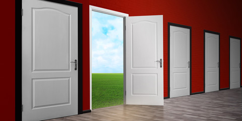 One open door among closed ones in room. Concept of choice
