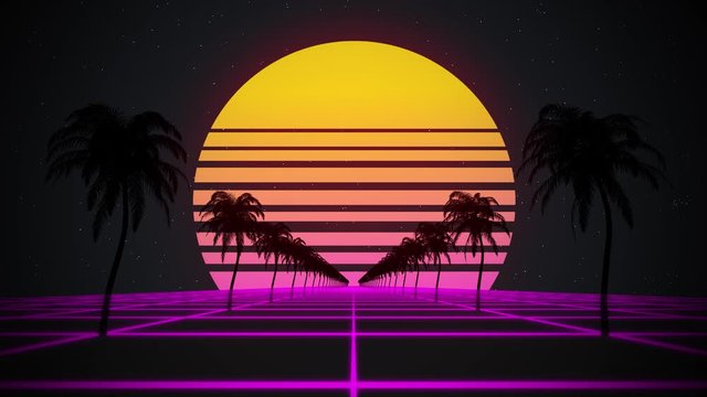 Stylized vintage 3D animation background with palm trees, sun and glowing stars. 80s retro futuristic sci-fi seamless loop.