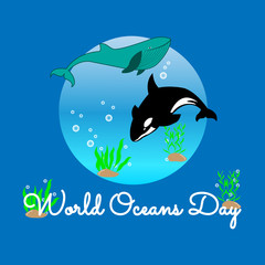 World oceans day. Sea animals. Poster. Vector illustration.