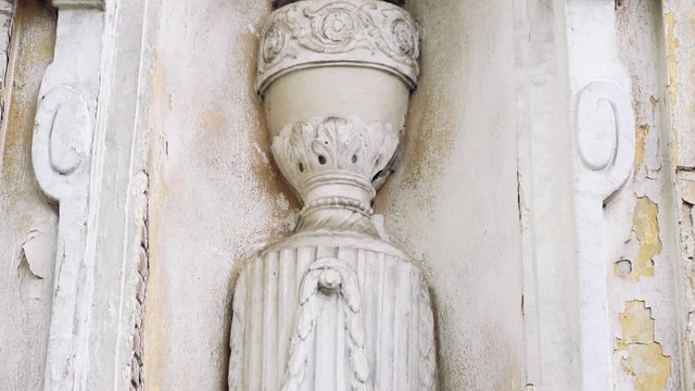 Full HD video. Sculpture of an old abandoned manor facade. Vertical close up panorama. Video footage background.