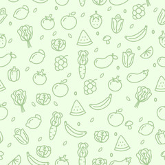 Fruits and vegetables seamless pattern in cute doodle style with green color suitable for background 