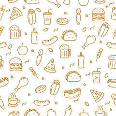 Foods seamless pattern in doodle style with orange color suitable for background 