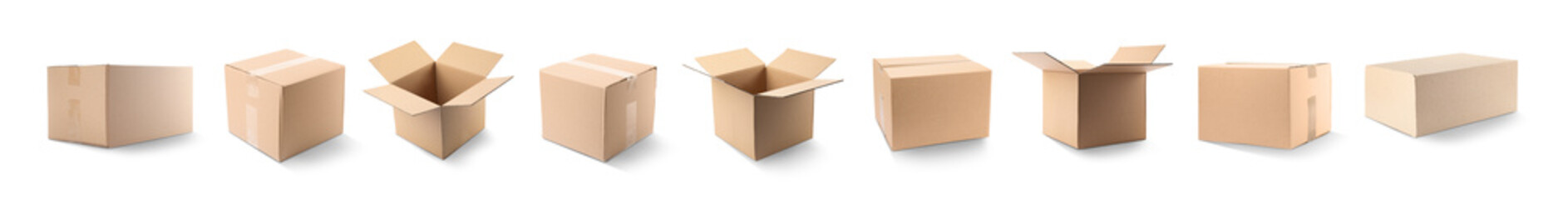 Set of different cardboard boxes on white background. Banner design - obrazy, fototapety, plakaty