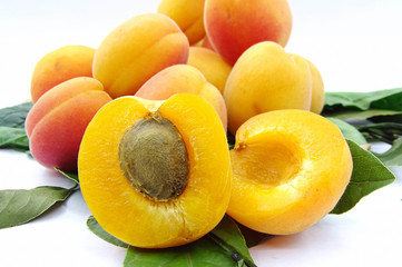 Fototapeta na wymiar Organic apricot fruit on the tree leaves on white background