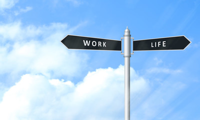 Signpost against beautiful blue sky, space for text. Concept of balance between work and life