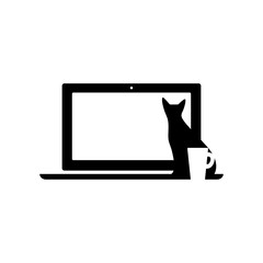 Cat, coffee and laptop. Concept for logo. Remote work. Home relax time.