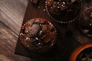 Homemade DoubleChocolatec chip Muffins, selective focus