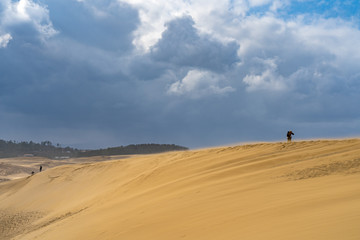 Visitors are sightseeing in the Tottori Sand Dunes (Tottori Sakyu). The largest sand dune in Japan, a part of the Sanin Kaigan National Park. Tottori Prefecture, Japan