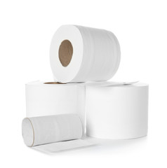 Rolls of toilet paper on white background
