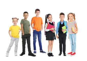 Group of cute school children on white background