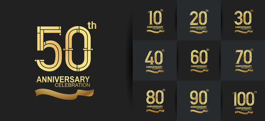 Anniversary logotype set with golden color and ribbon. vector design for celebration purpose, greeting, invitation card premium edition.	