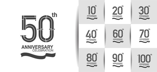 Anniversary logotype set with black color and ribbon. vector design for celebration purpose, greeting, invitation card premium edition.	