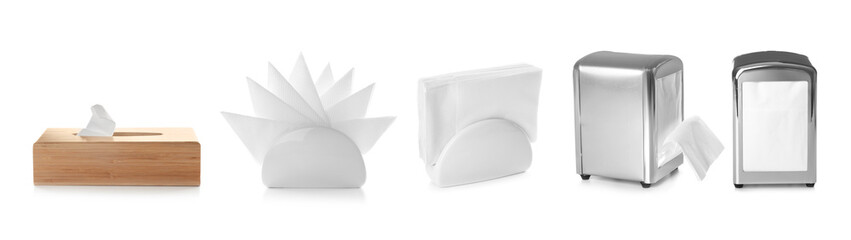 Set of different modern napkin holders with paper serviettes on white background. Banner design