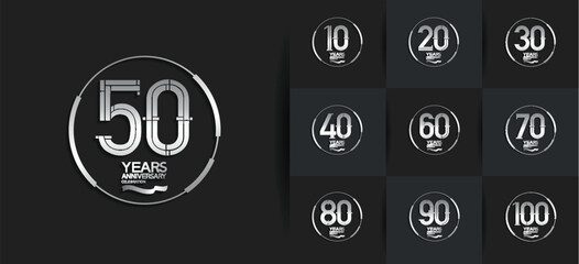 Anniversary logotype set with silver color and ring. vector design for celebration purpose, greeting, invitation card premium edition.	