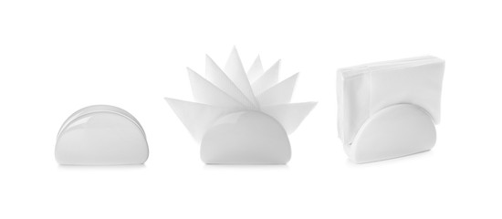 Set of modern ceramic napkin holders on white background. Banner design