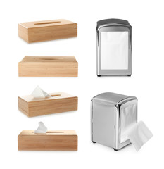 Set of different modern napkin holders on white background