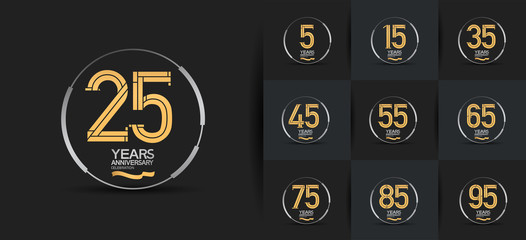 Anniversary logotype set with golden color and silver ring. vector design for celebration purpose, greeting, invitation card premium edition.	